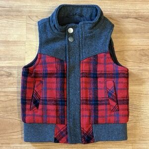 Genuine Kids OshKosh Toddler Boys Size 12M Red Gray Plaid Wool Blend Vest Winter